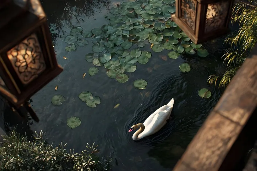 swan on dam with chinese water lilies